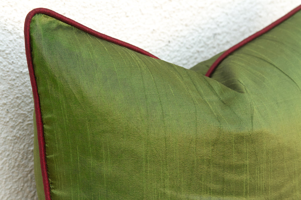 Green Zardozi-Embroidered Silk Pillow Cover, Embroidered Band