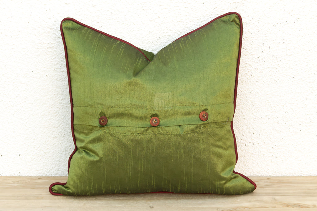 Green Zardozi-Embroidered Silk Pillow Cover, Embroidered Band