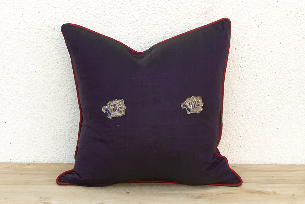Mdra Blue Zardozi-Embroidered Silk Pillow Cover