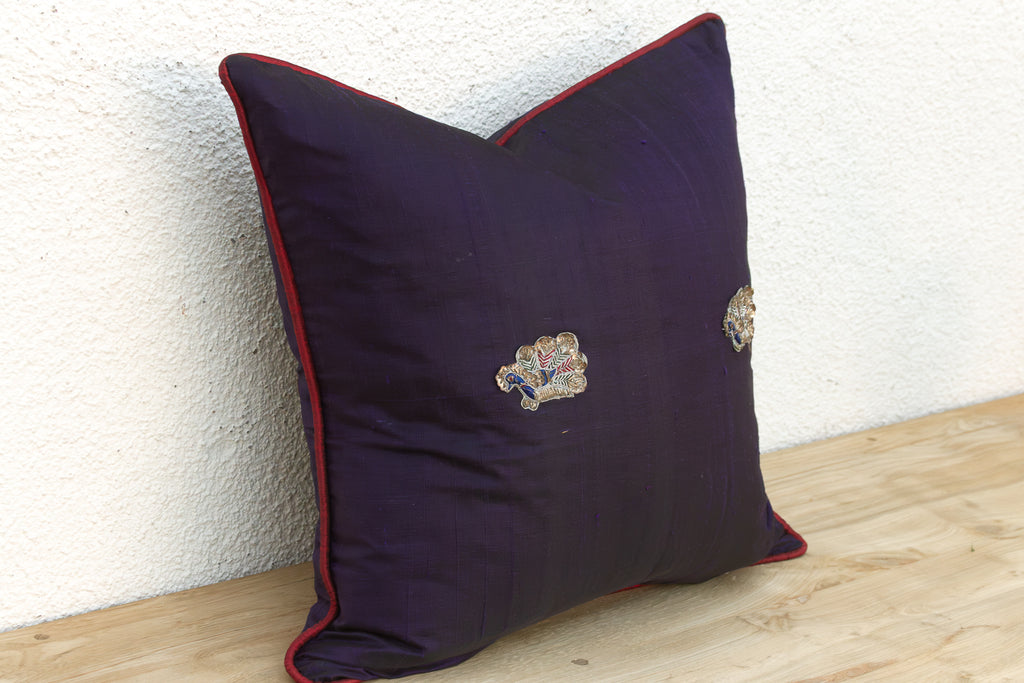 Mdra Blue Zardozi-Embroidered Silk Pillow Cover
