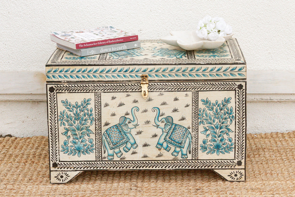 Vintage Blue & White Elephant Painted Trunk
