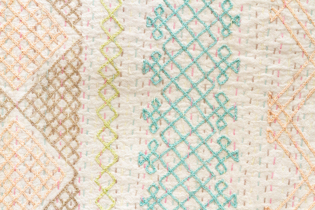 Pastel Geometric Hand-stitched Cotton Kantha Bedcover (Trade)