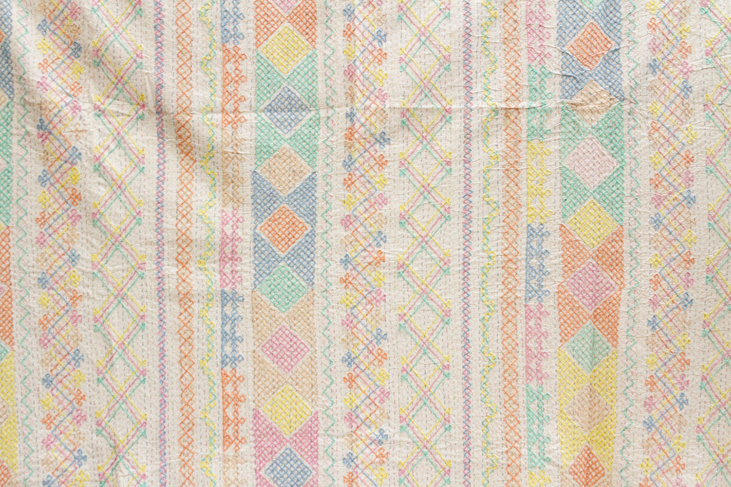 Multicolor Diamond Hand-stitched Cotton Kantha Bedcover (Trade)