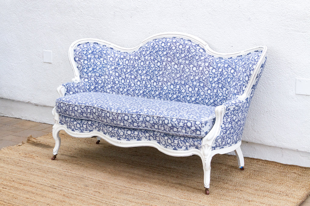 Antique English Floral Block Print Settee Bench