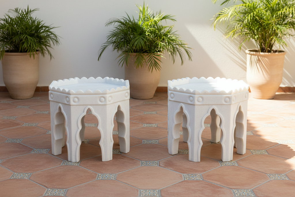 Pair of Carved White Marble End Tables