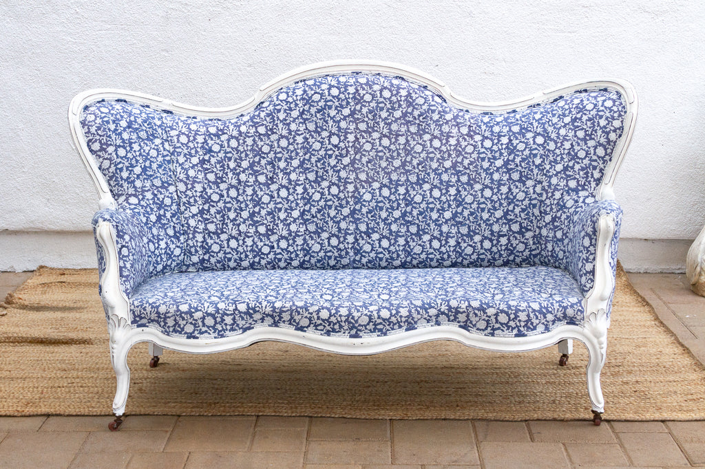 Antique English Floral Block Print Settee Bench