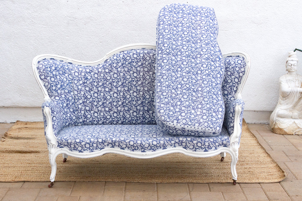 Antique English Floral Block Print Settee Bench