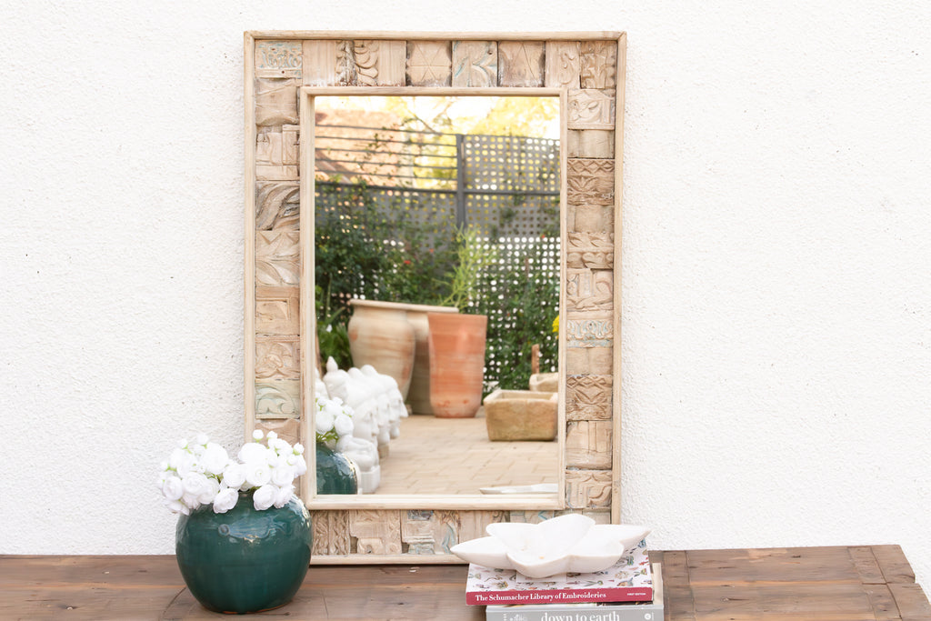 Bleached Carved Wood Mosaic Mirror
