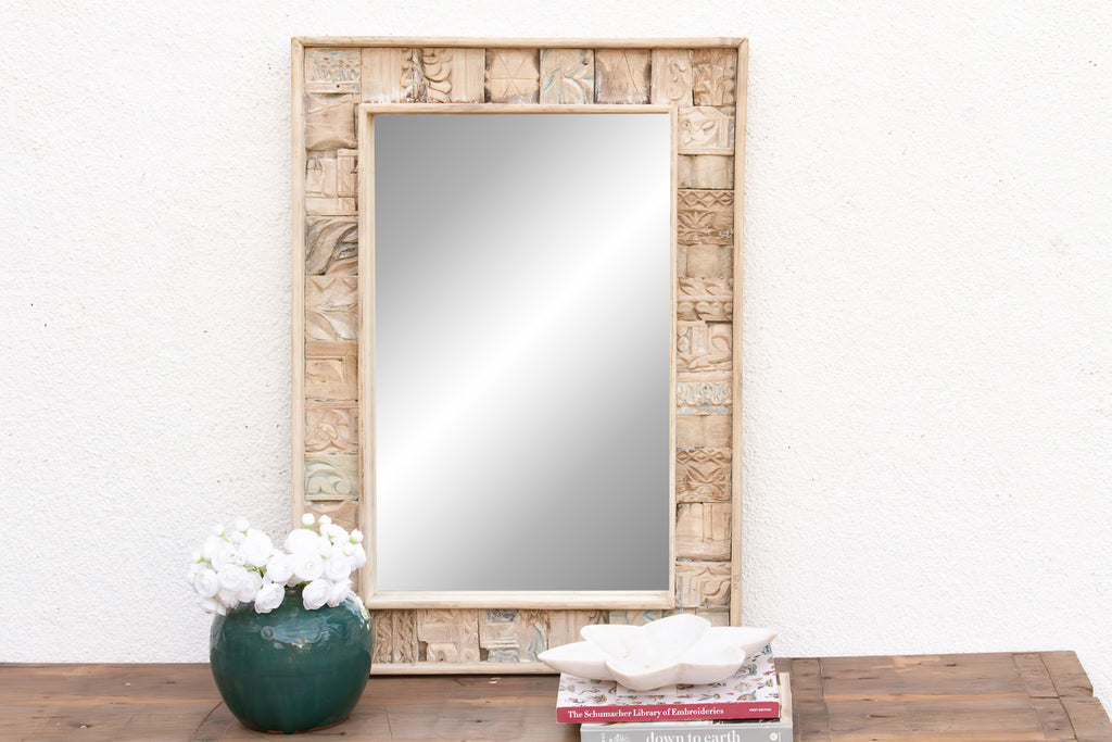 Bleached Carved Wood Mosaic Mirror