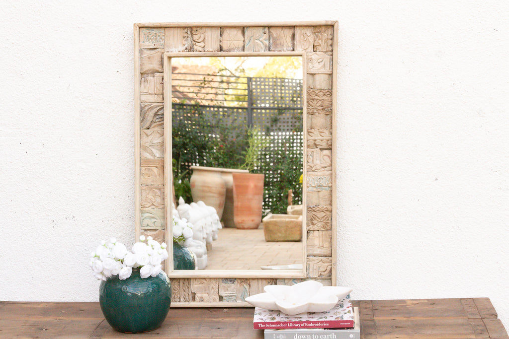 Bleached Carved Wood Mosaic Mirror