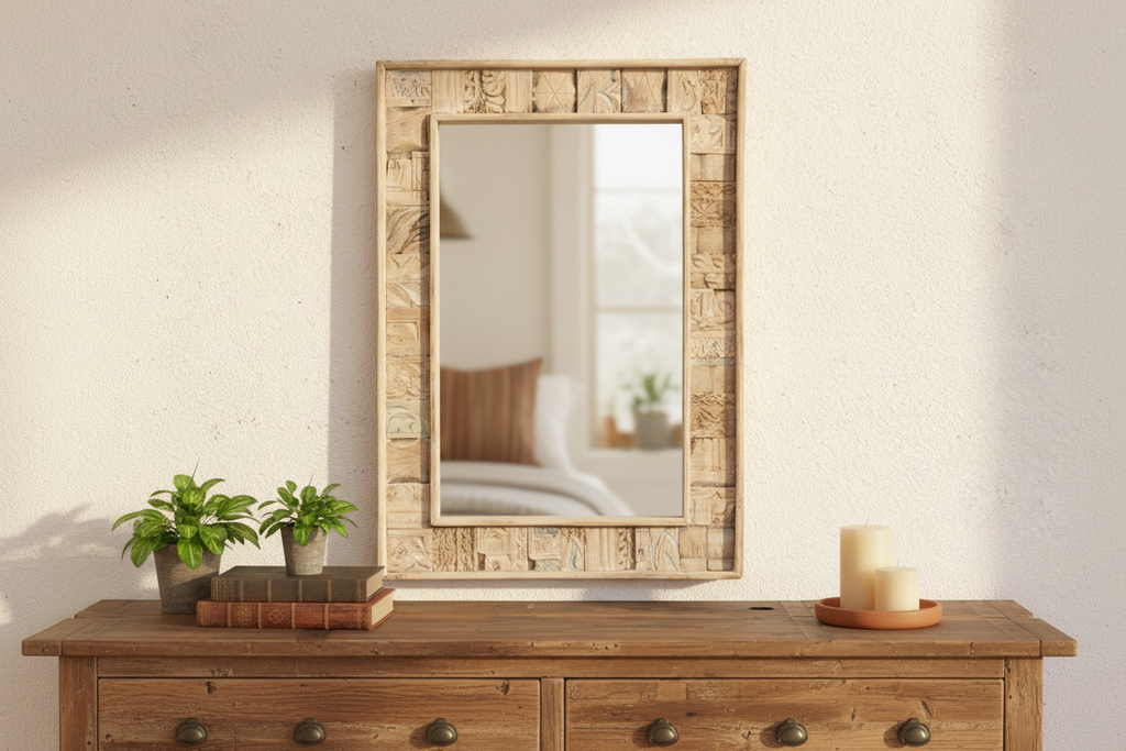 Bleached Carved Wood Mosaic Mirror