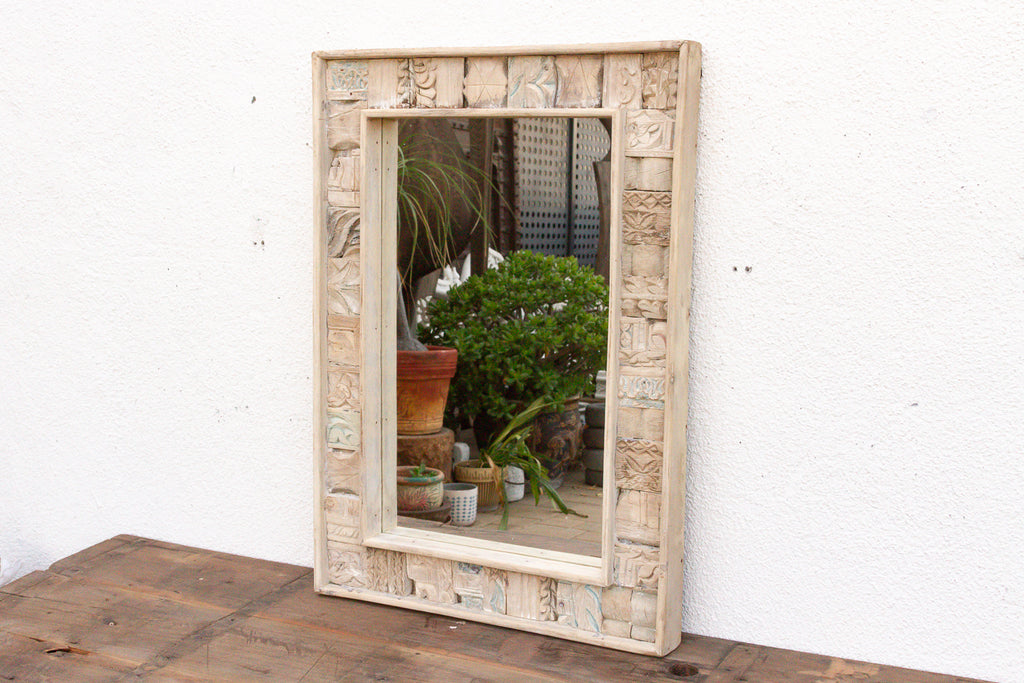 Bleached Carved Wood Mosaic Mirror