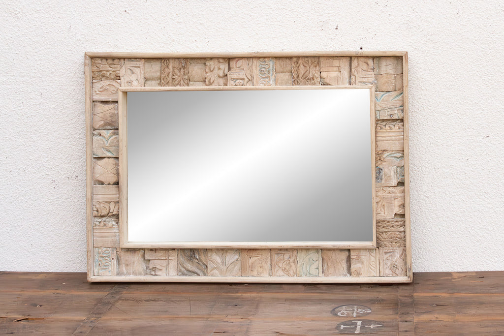 Bleached Carved Wood Mosaic Mirror