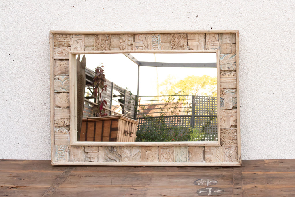Bleached Carved Wood Mosaic Mirror
