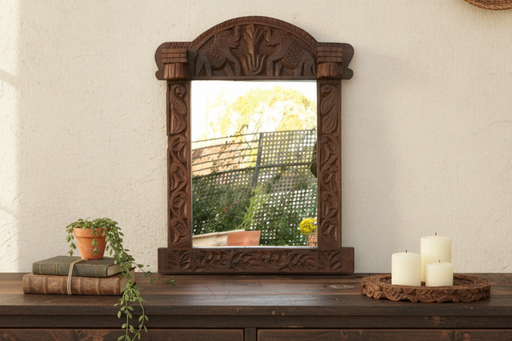 Dark Walnut Finish Tribal Carved Mirror (Trade)