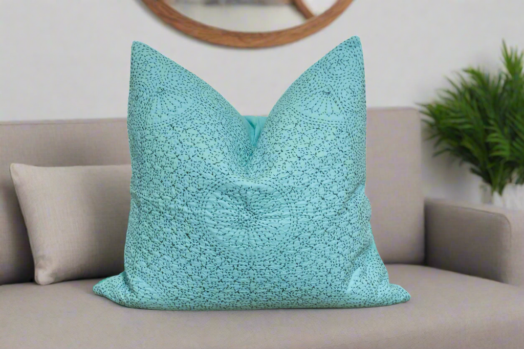 Turquoise Hand-Stitched Pillow Cover