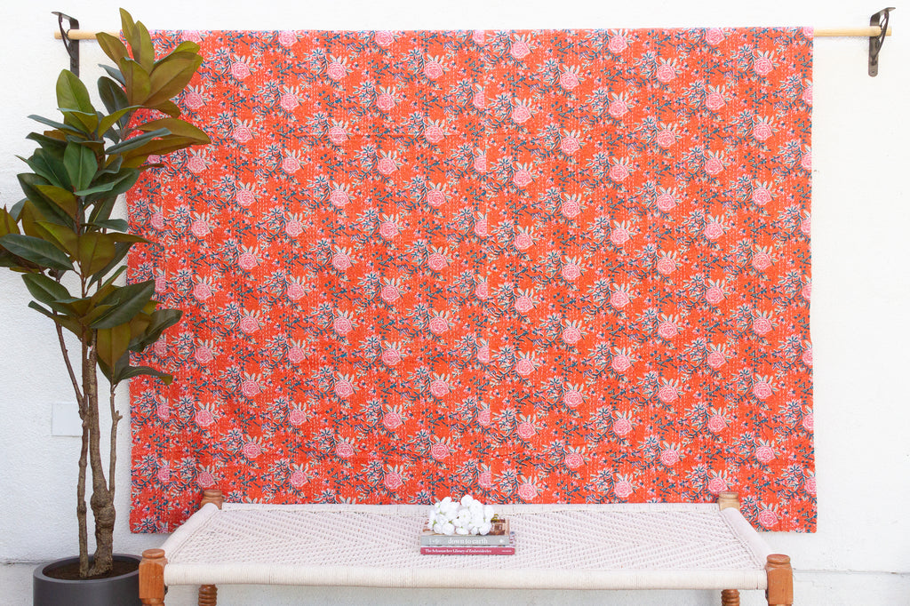 Saffron Bloom Indian Block Print Coverlet