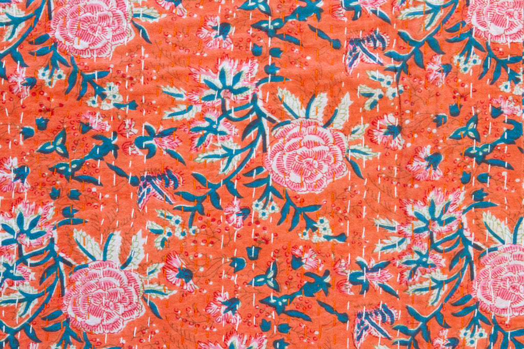 Saffron Bloom Indian Block Print Coverlet