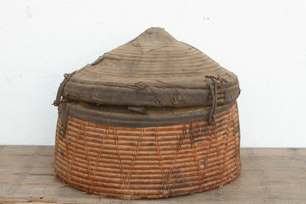 Monumental Antique Basket with Lid & Metal Hardware (Trade)