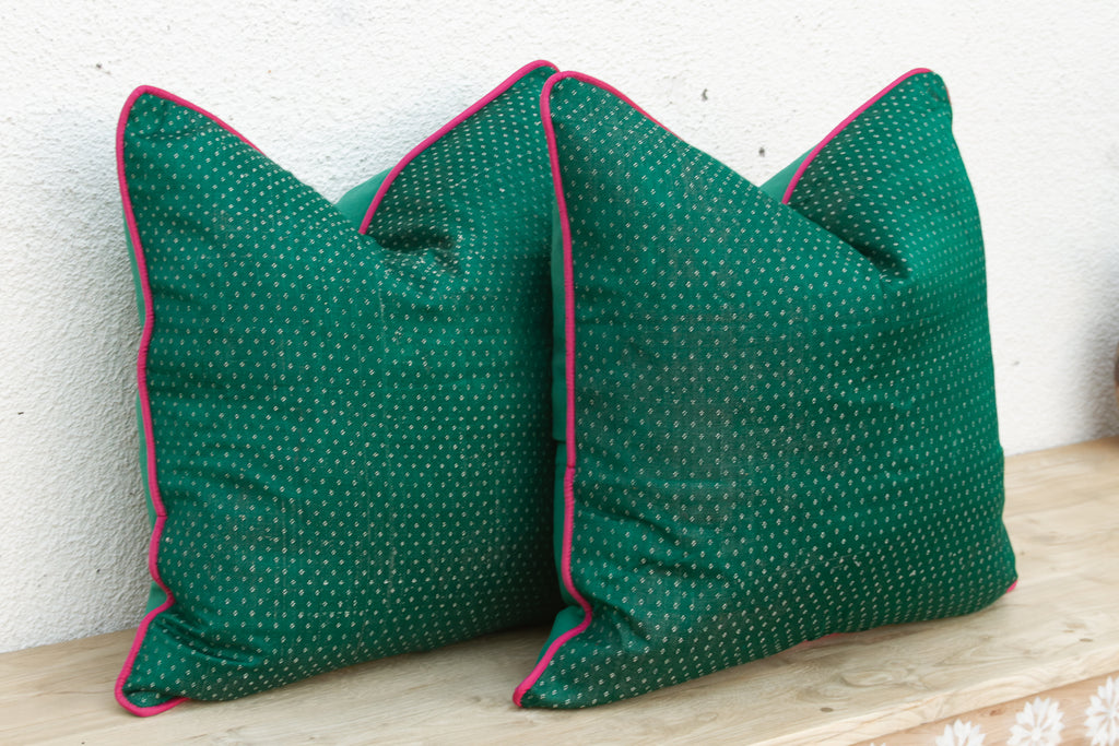 Pair of Pala Green Dotted Ahir Handloom Pillow