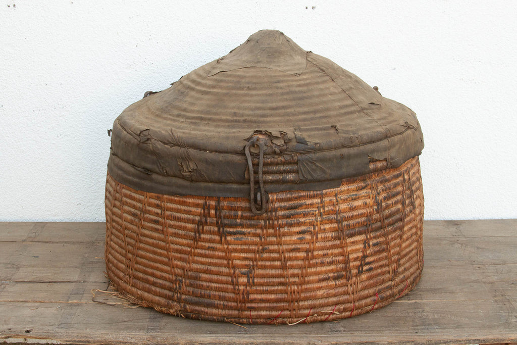 Monumental Antique Basket with Lid & Metal Hardware (Trade)