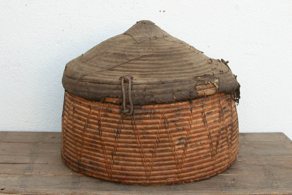 Monumental Antique Basket with Lid & Metal Hardware (Trade)