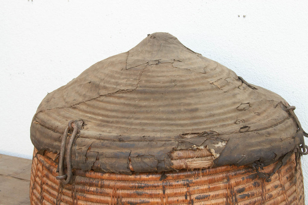 Monumental Antique Basket with Lid & Metal Hardware (Trade)