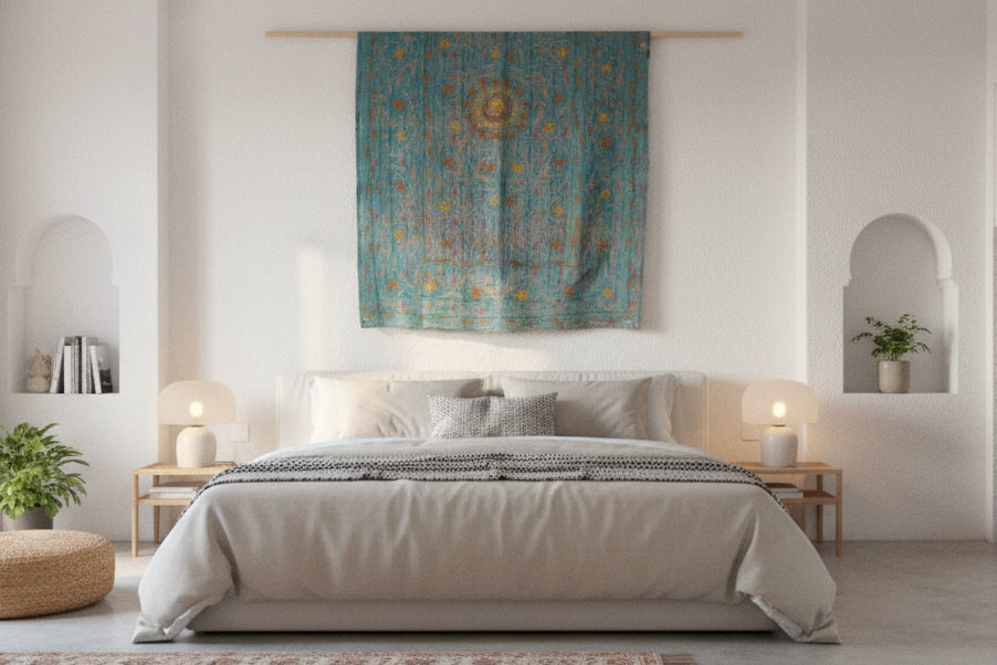Vintage Turquoise & Gold Suzani Throw