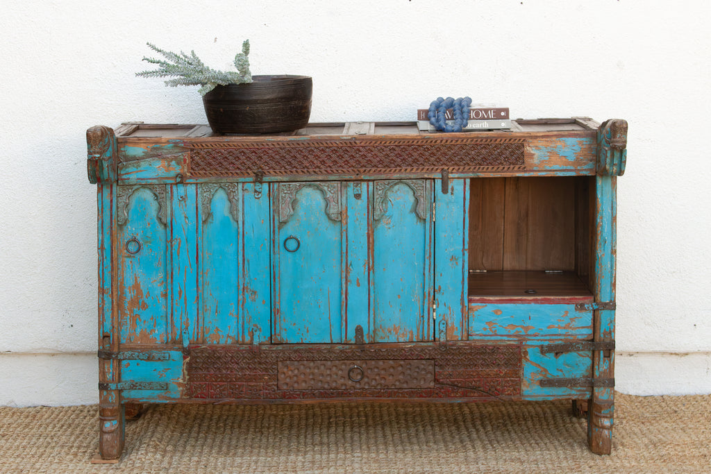 Antique Turquoise Blue Damachiya Cabinet