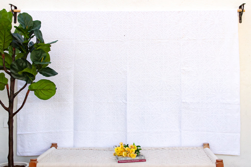 Poppy Blossom White Cotton Applique Bedcover