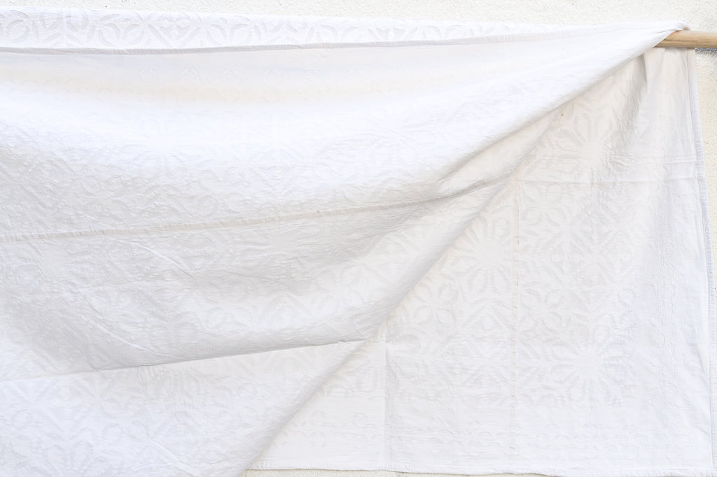 Poppy Blossom White Cotton Applique Bedcover