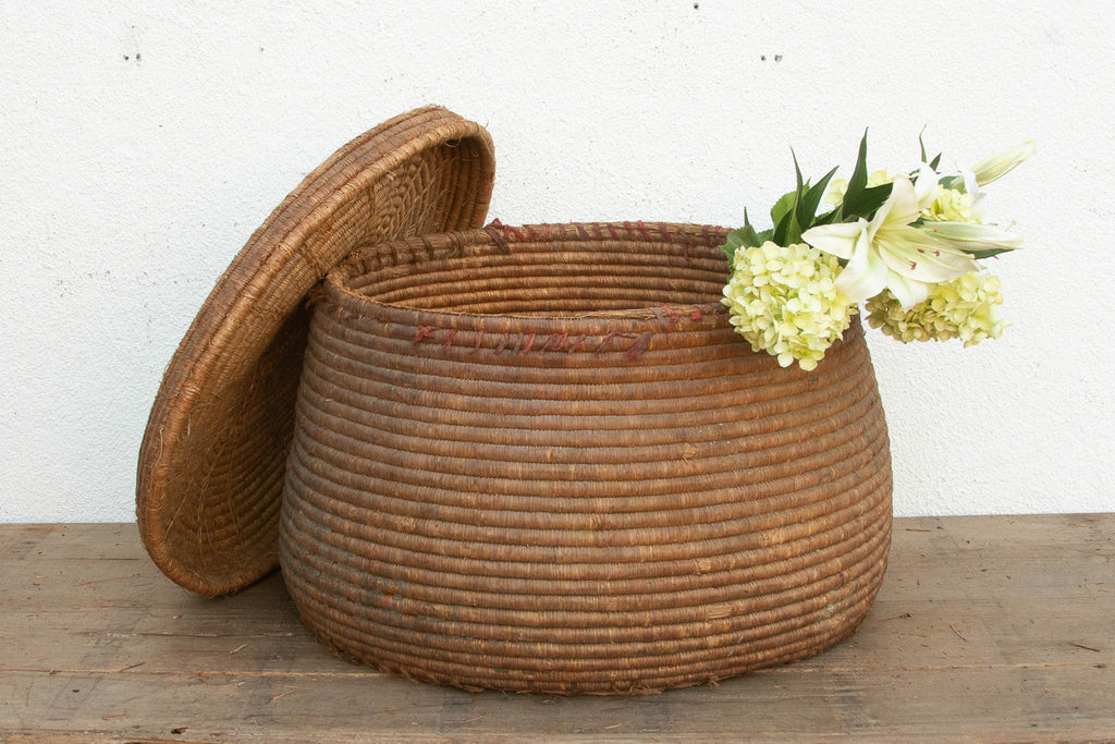 Earth Tone Antique Storage Basket with Lid (Trade)