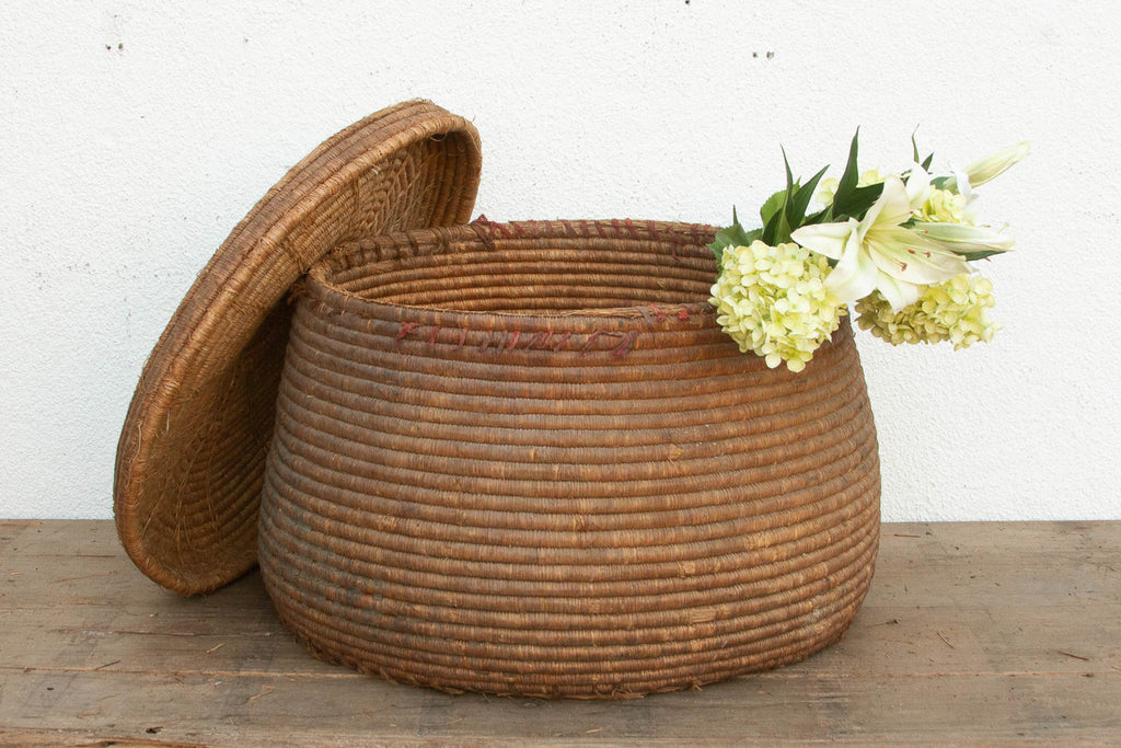Earth Tone Antique Storage Basket with Lid (Trade)