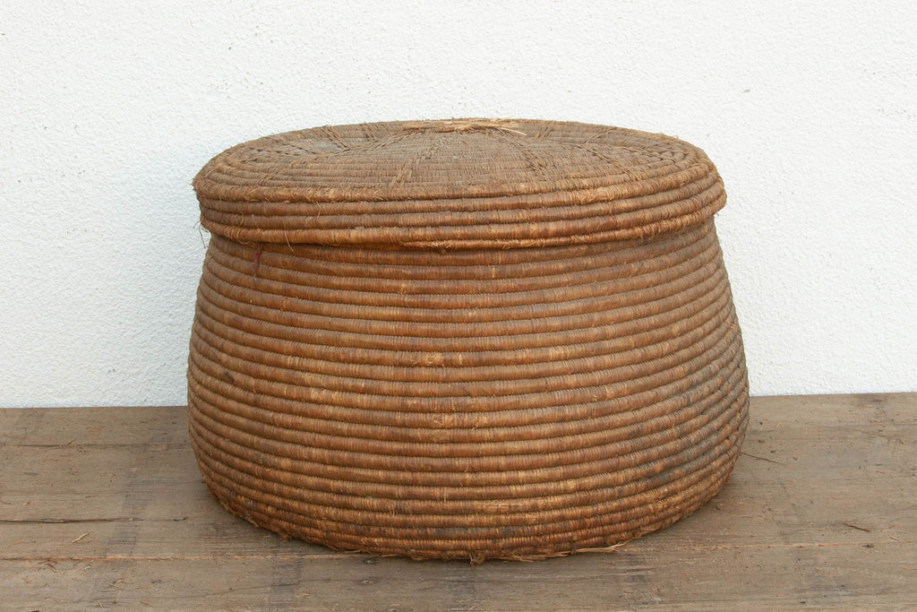 Earth Tone Antique Storage Basket with Lid (Trade)