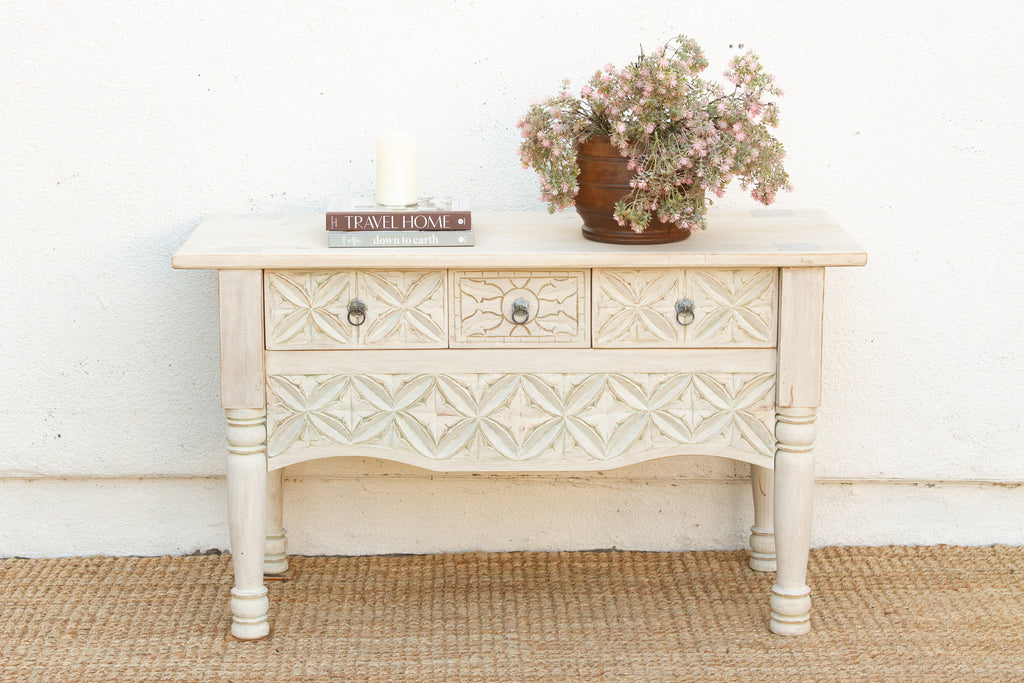 Reclaimed Wood Whitewash Carved Nahuala Console