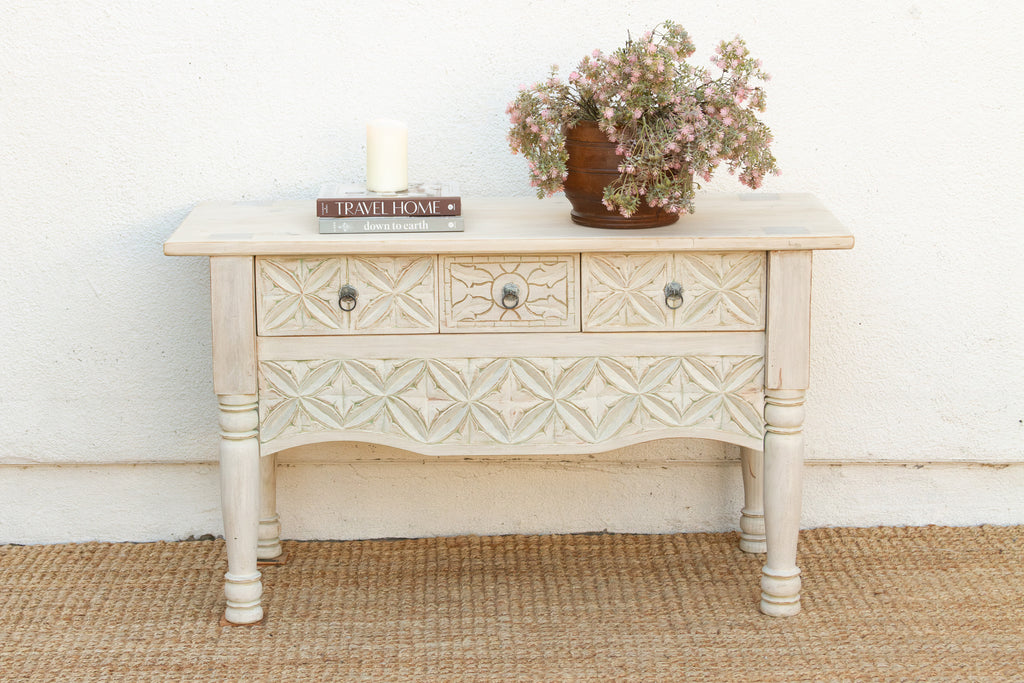 Reclaimed Wood Whitewash Carved Nahuala Console