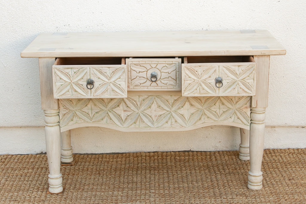 Reclaimed Wood Whitewash Carved Nahuala Console