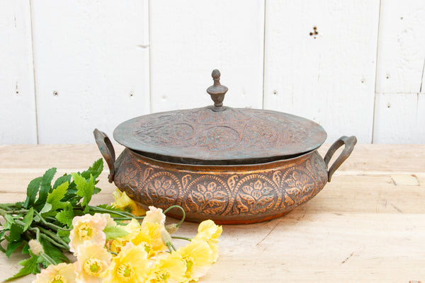 Antique Floral Engraved Copper Bowl