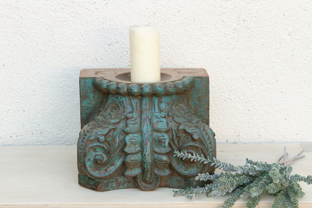 Finely Carved Turquoise Blue Teak Capital