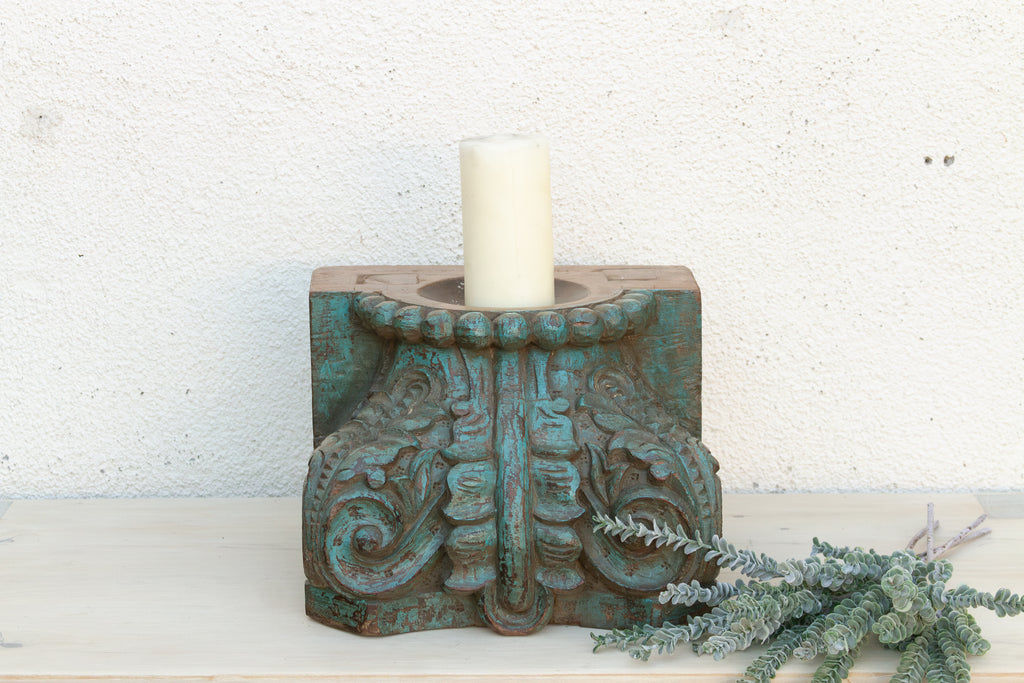 Finely Carved Turquoise Blue Teak Capital