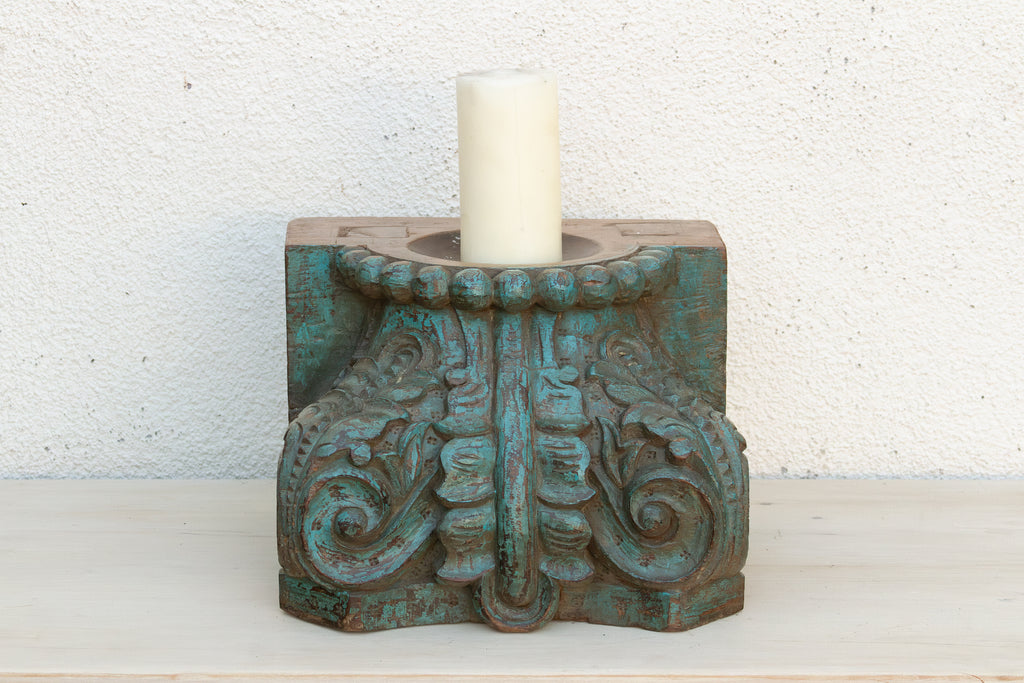 Finely Carved Turquoise Blue Teak Capital