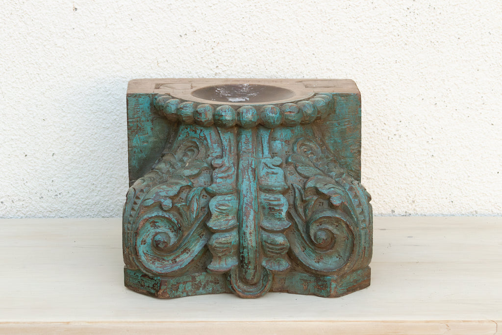 Finely Carved Turquoise Blue Teak Capital