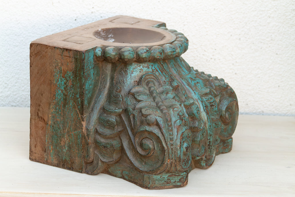 Finely Carved Turquoise Blue Teak Capital