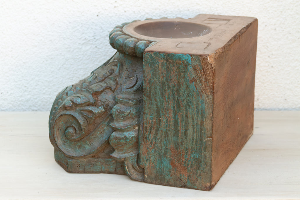 Finely Carved Turquoise Blue Teak Capital
