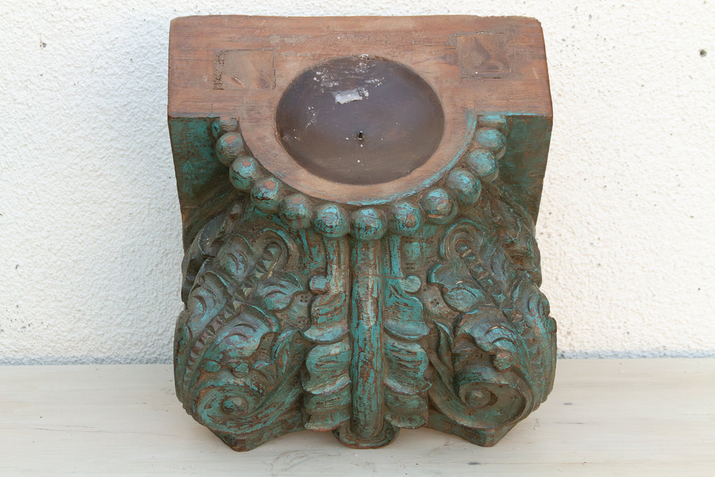 Finely Carved Turquoise Blue Teak Capital