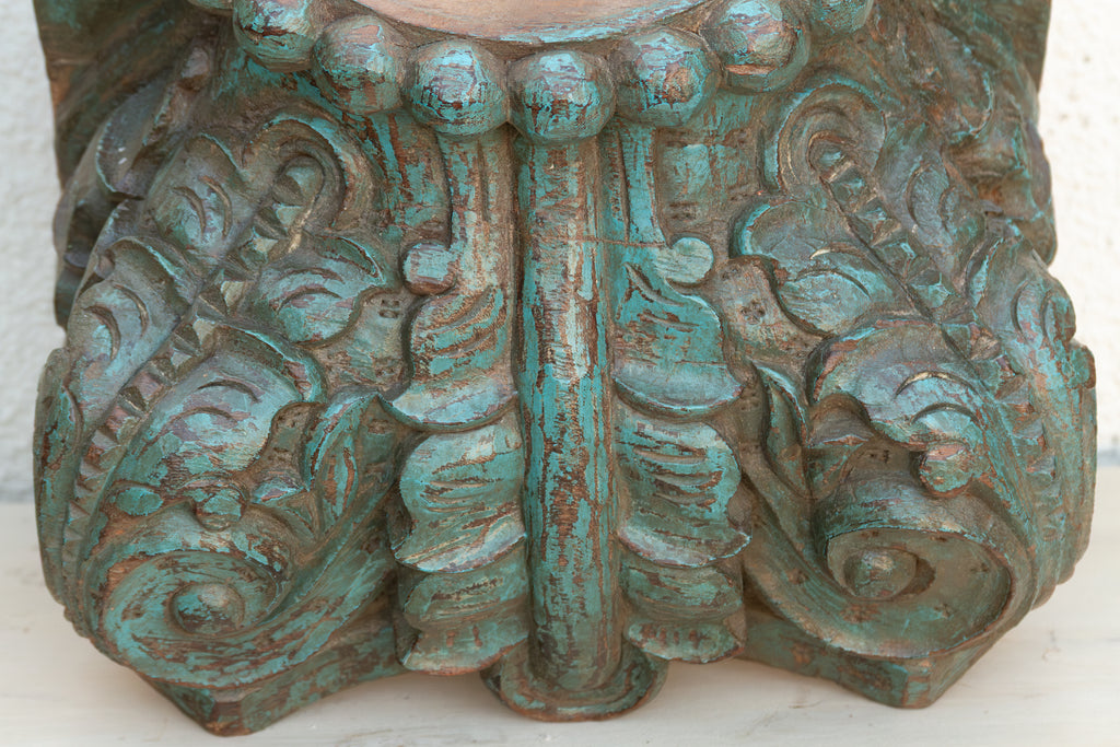 Finely Carved Turquoise Blue Teak Capital
