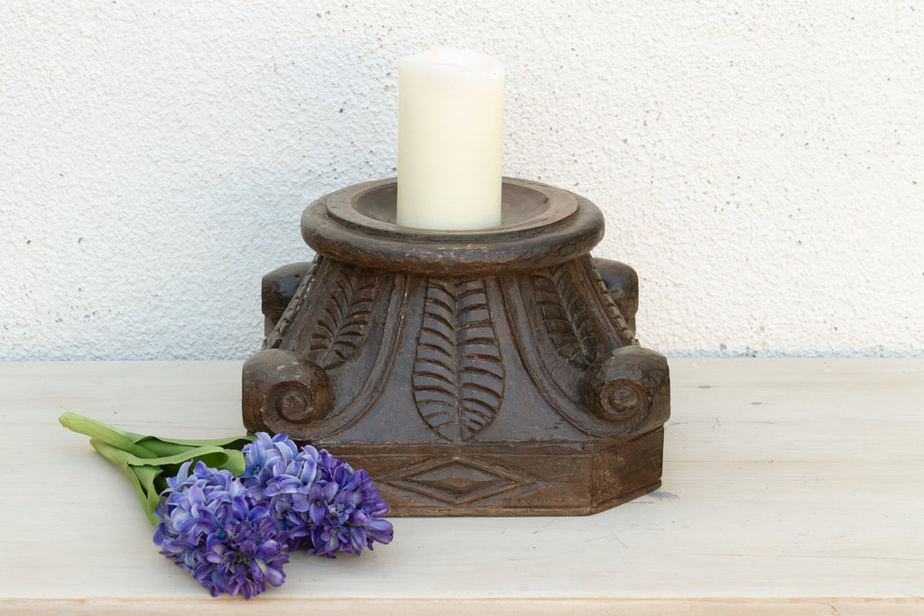 Carved & Painted Teak Candle Holder