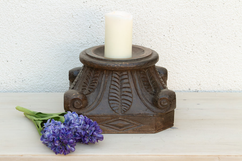 Carved & Painted Teak Candle Holder