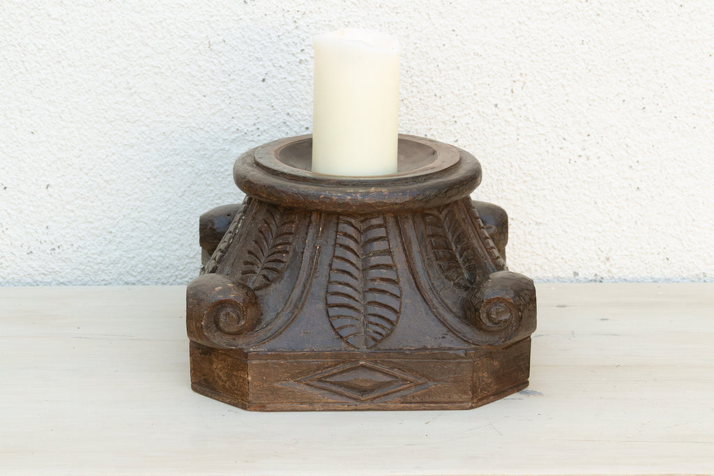 Carved & Painted Teak Candle Holder