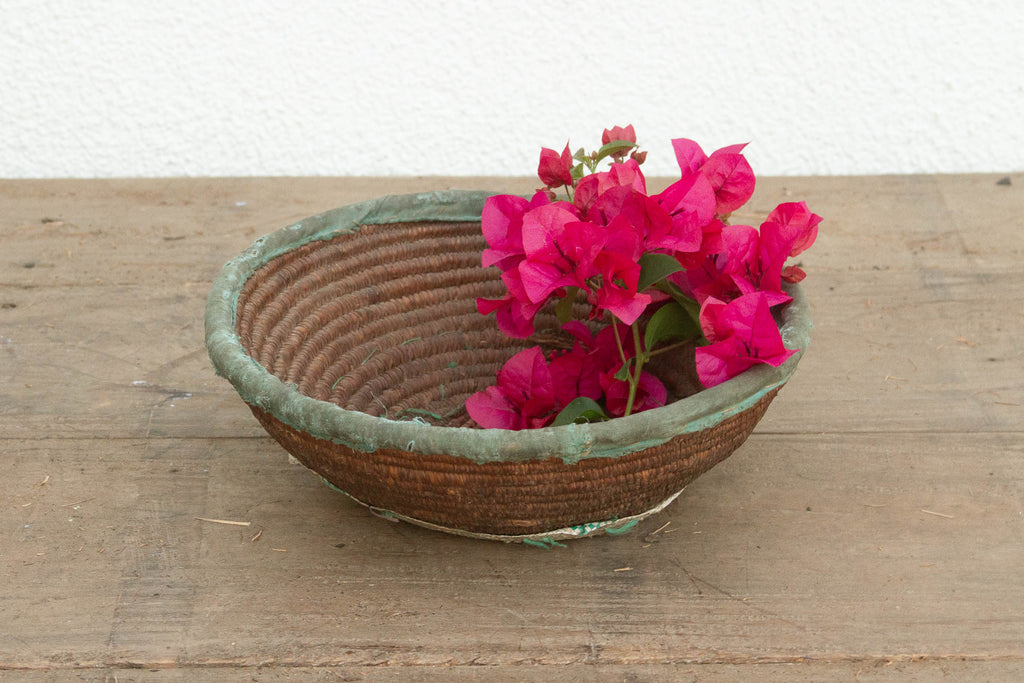 Rustic Coiled Basket with Textile Rim (Trade)